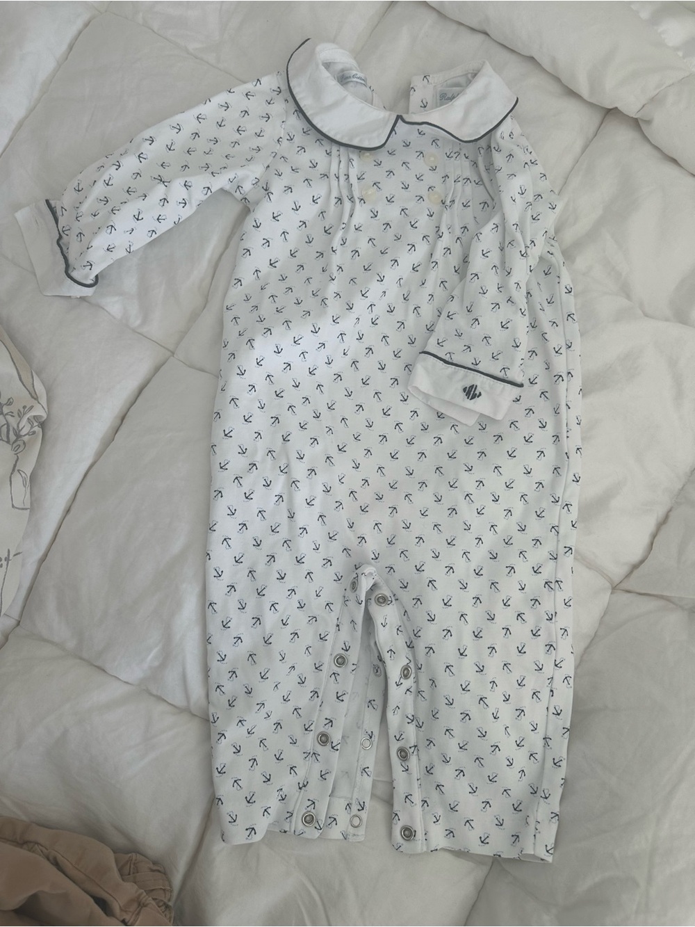 Ralph Lauren White Baby Romper with Navy Anchor Trim